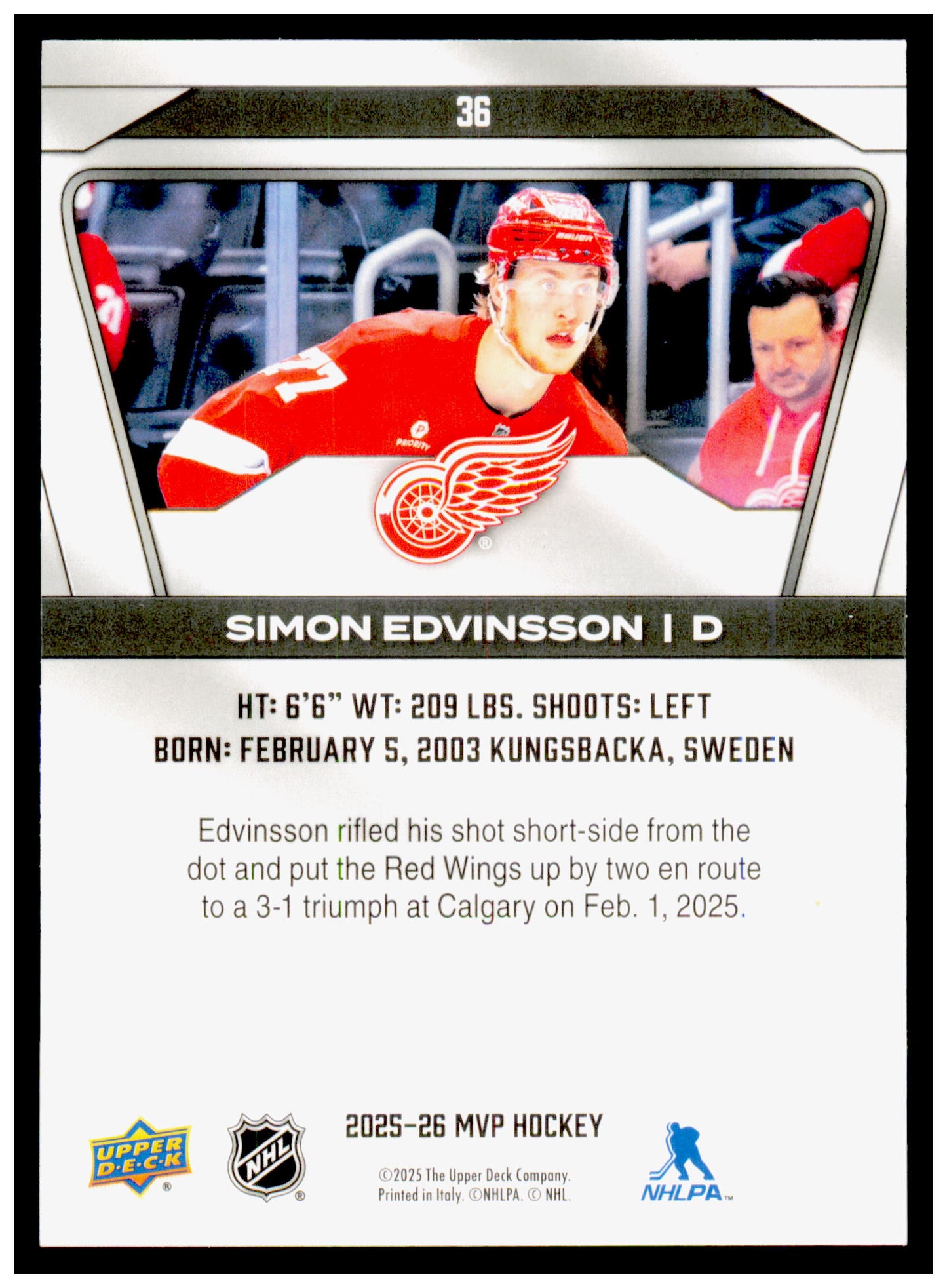 2025-26 Upper Deck MVP Simon Edvinsson Card Detroit Red Wings #36