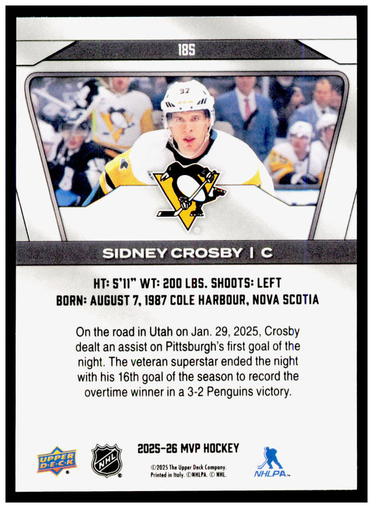 2025-26 Upper Deck MVP Sidney Crosby Card Pittsburgh Penguins #185