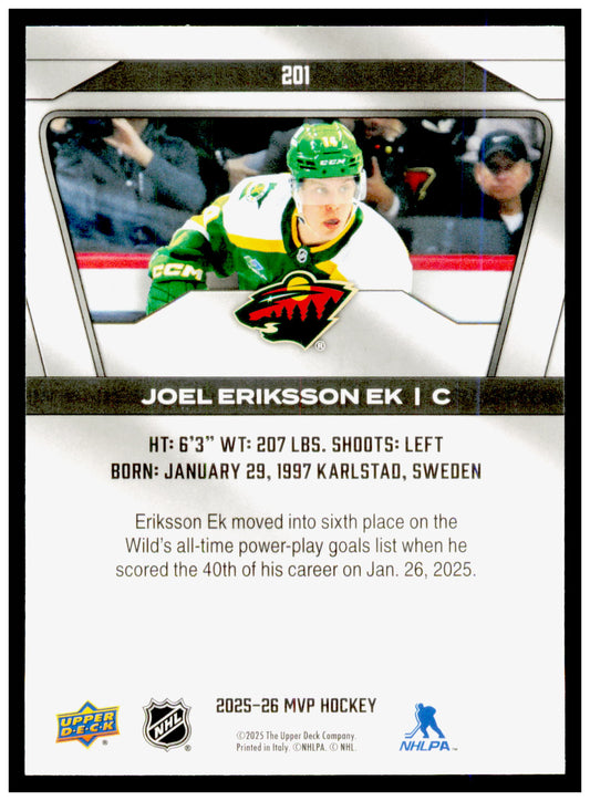 2025-26 Upper Deck MVP Joel Eriksson Ek Card Minnesota Wild #201