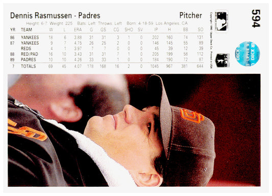 1990 Upper Deck Dennis Rasmussen Card San Diego Padres #594