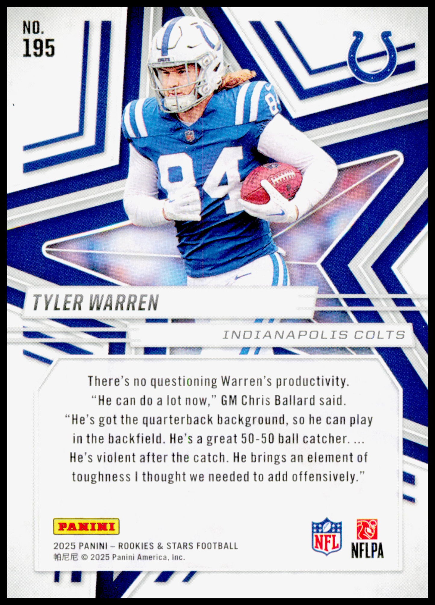 2025 Panini Rookies & Stars Tyler Warren Card RC Indianapolis Colts #195