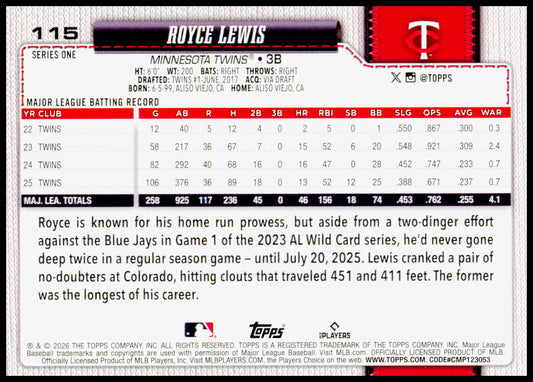 2026 Topps Series 1 Royce Lewis Minnesota Twins #115