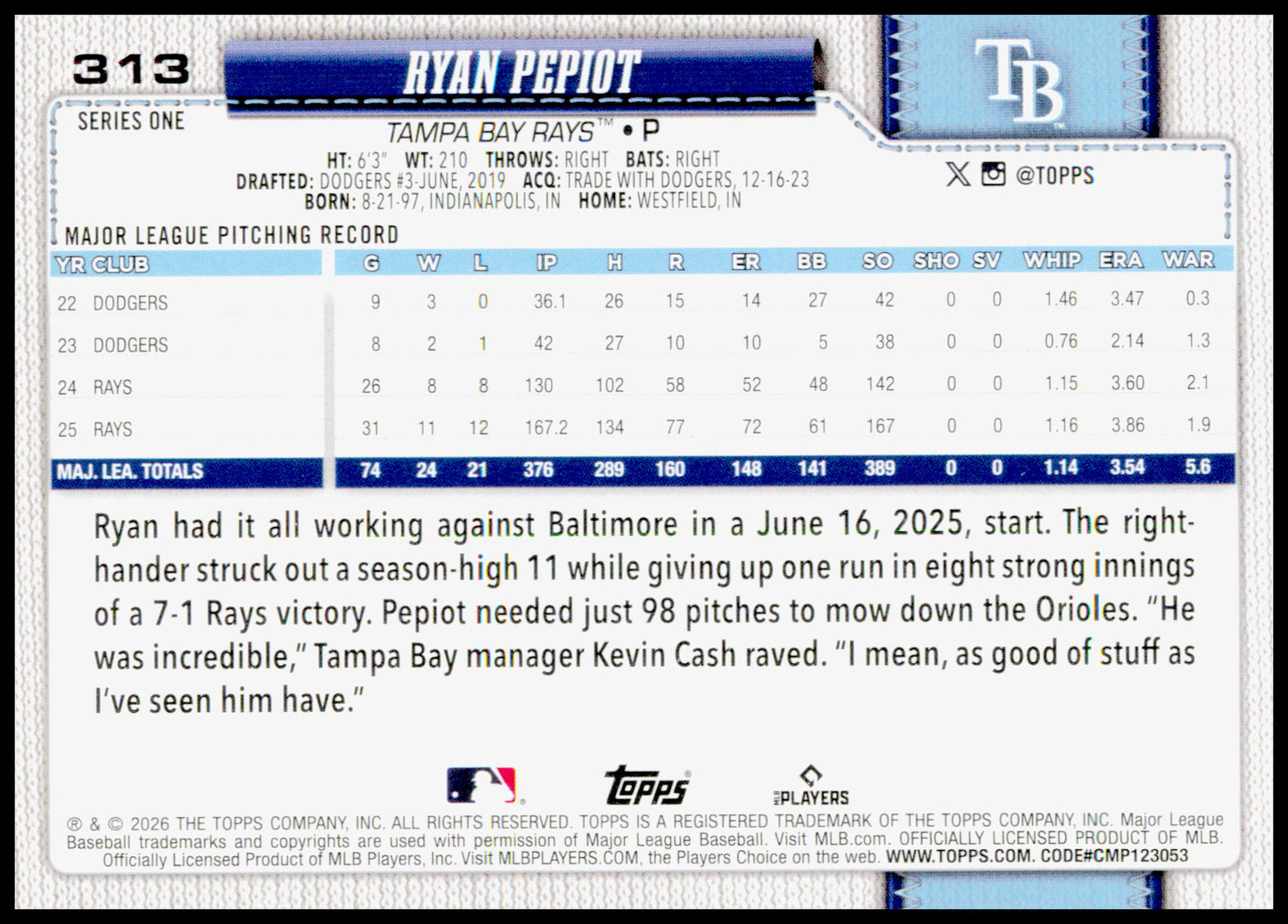 2026 Topps Ryan Pepiot Card Tampa Bay Rays #313