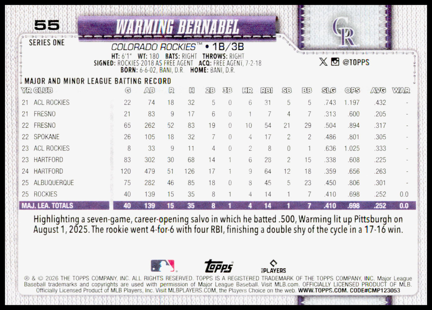 2026 Topps Warming Bernabel Card RC Colorado Rockies #55