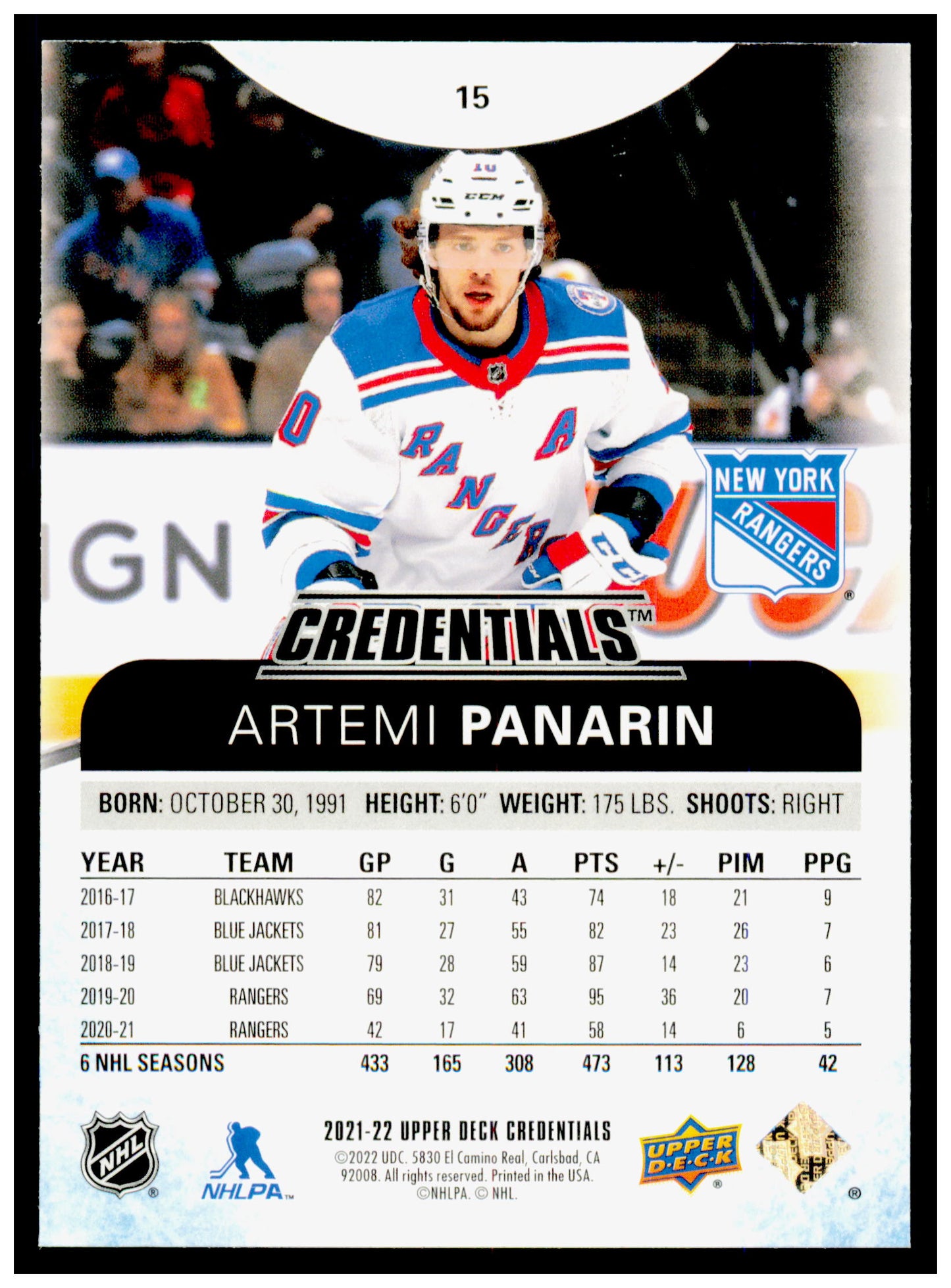 2021-22 Upper Deck Credentials Artemi Panarin Card New York Rangers #15