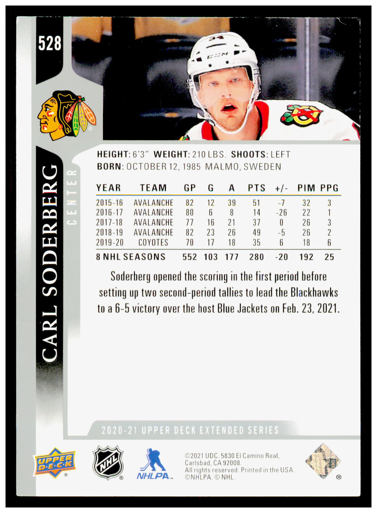 2020-21 Upper Deck Carl Soderberg Card French Chicago Blackhawks #528