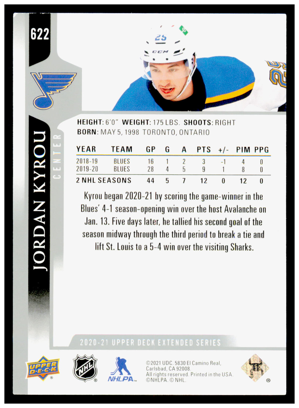 2020-21 Upper Deck Jordan Kyrou Card St. Louis Blues #622