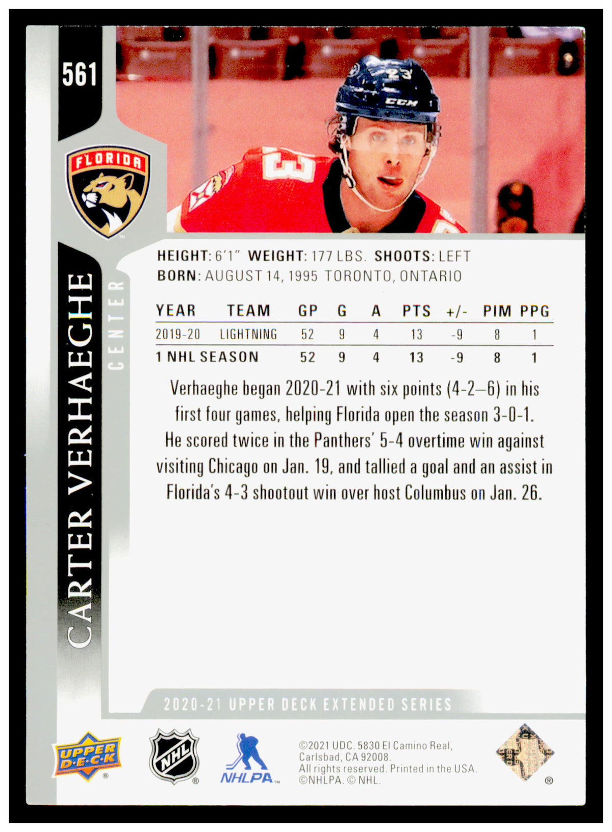 2020-21 Upper Deck Carter Verhaeghe Card French Florida Panthers #561