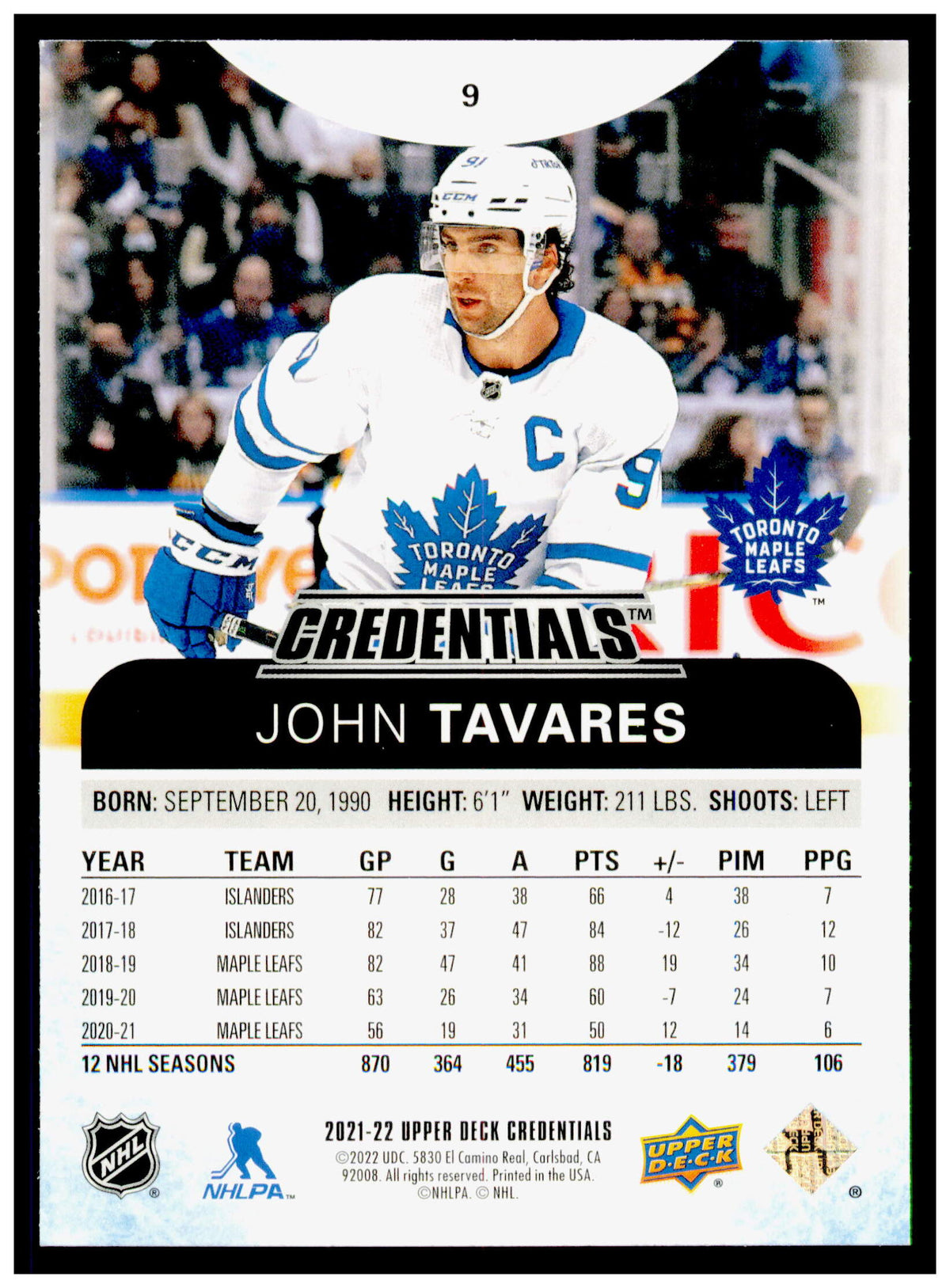 2021-22 Upper Deck Credentials John Tavares Card Toronto Maple Leafs #9