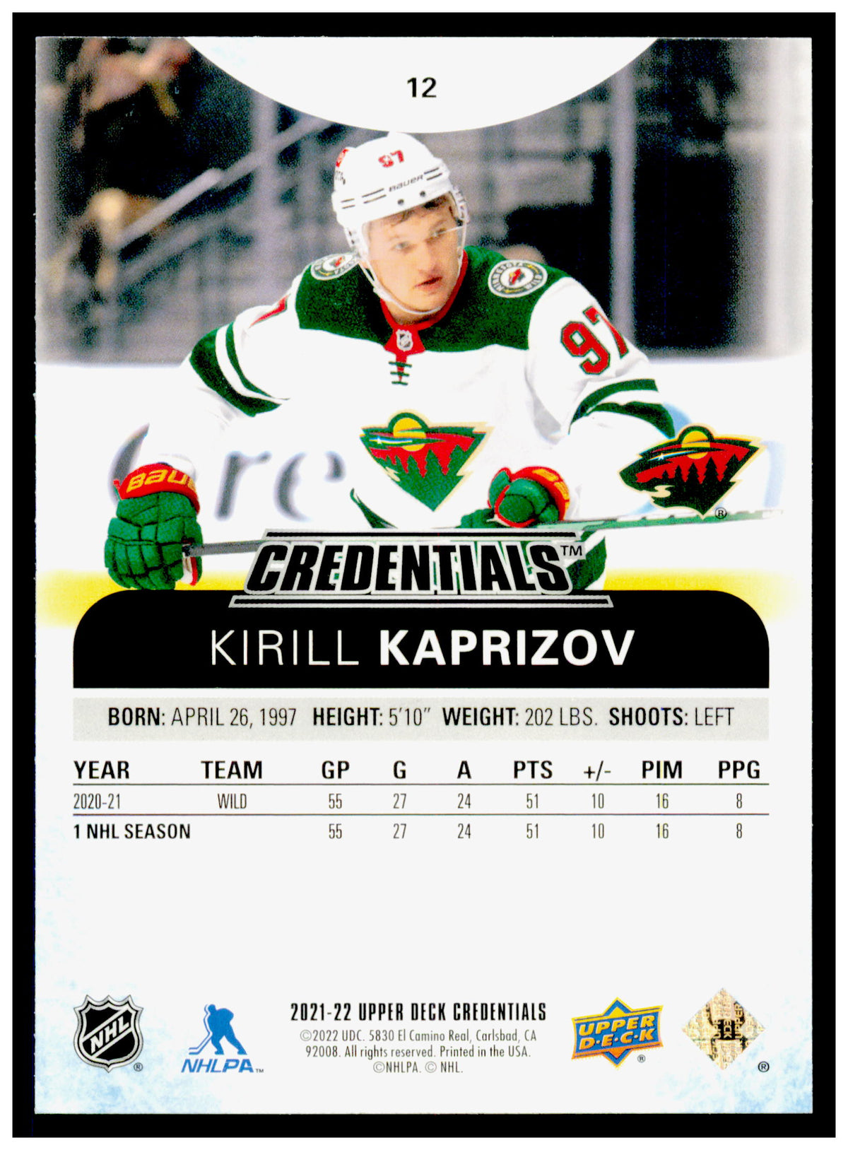 2021-22 Upper Deck Credentials Kirill Kaprizov Card Minnesota Wild #12