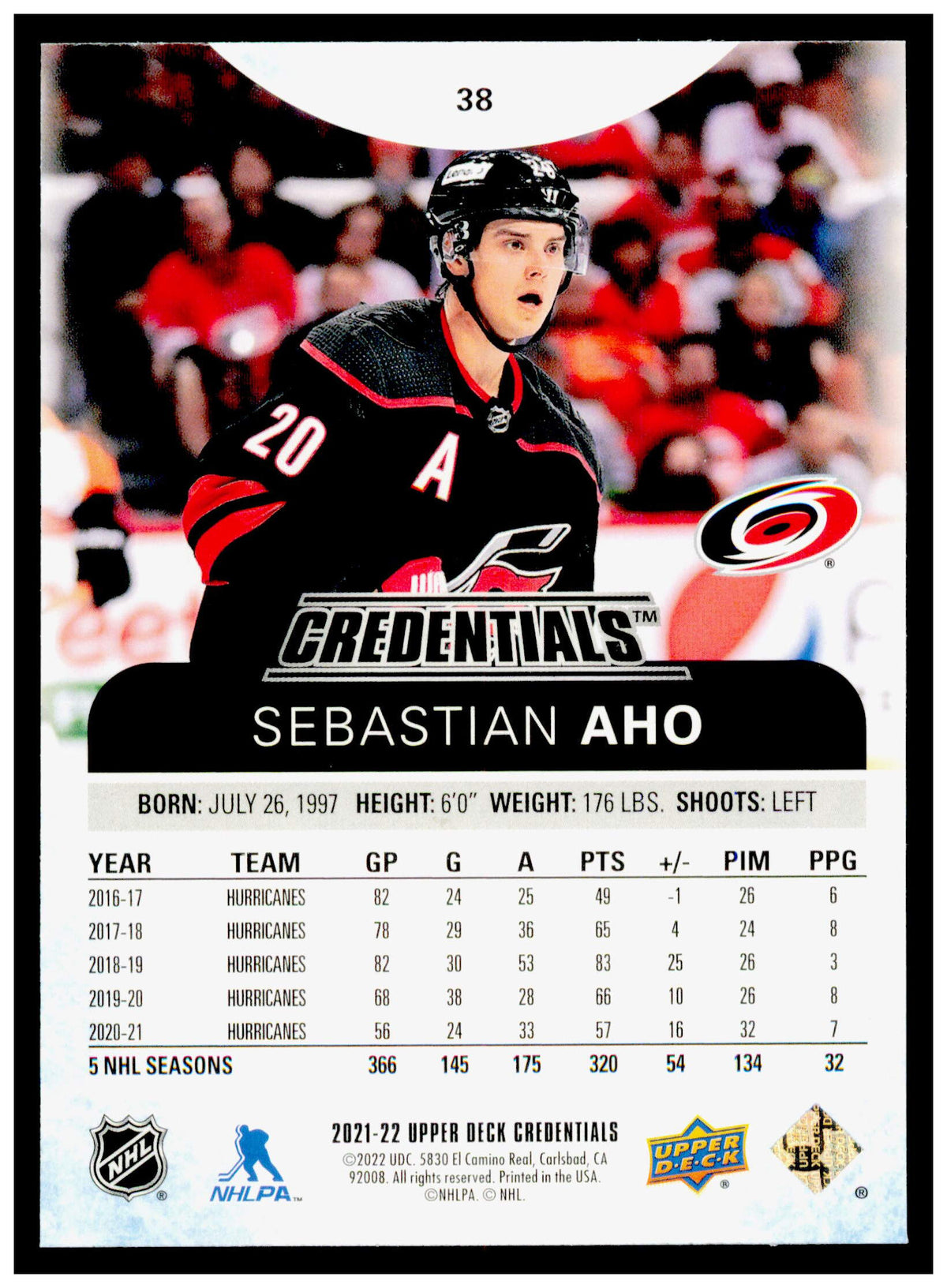 2021-22 Upper Deck Credentials Sebastian Aho Card Carolina Hurricanes #38