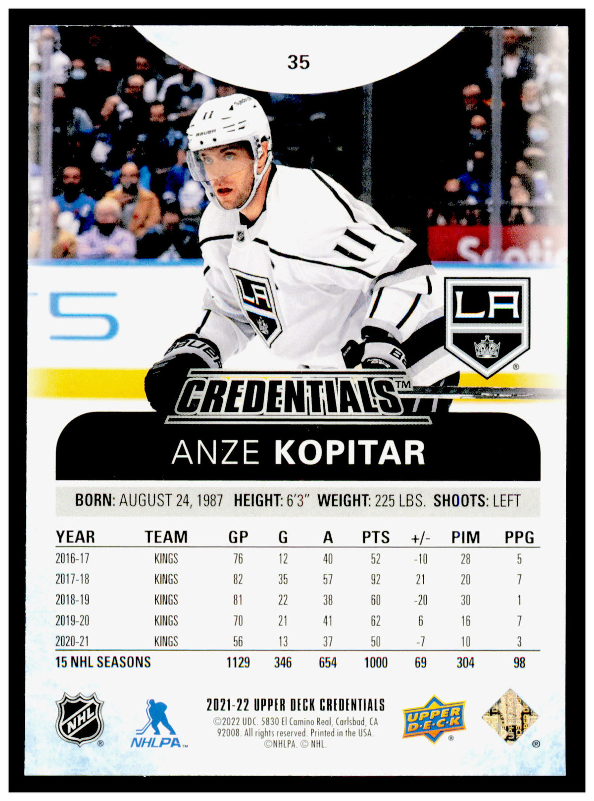 2021-22 Upper Deck Credentials Anze Kopitar Card Los Angeles Kings #35
