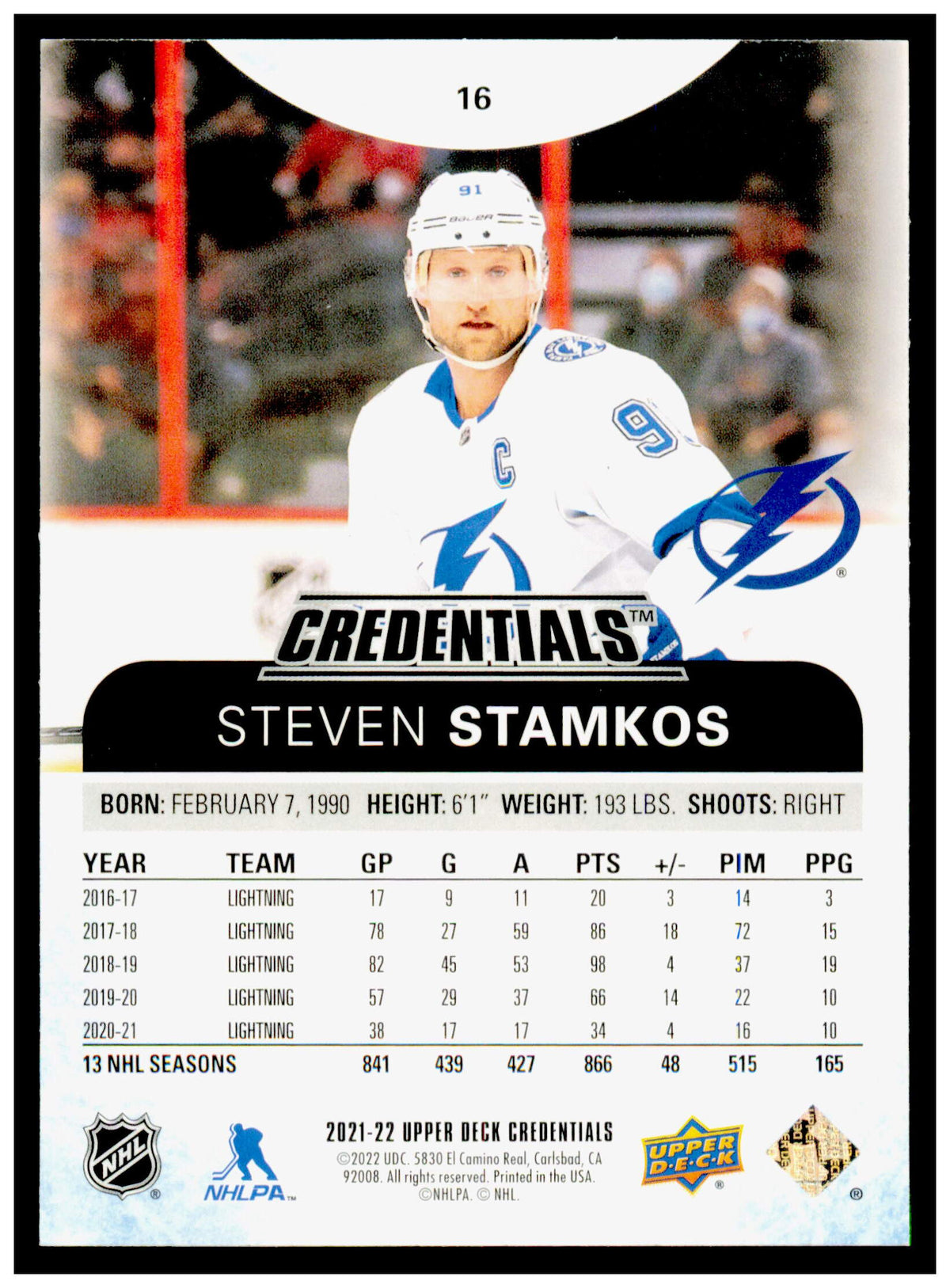 2021-22 Upper Deck Credentials Steven Stamkos Card Tampa Bay Lightning #16