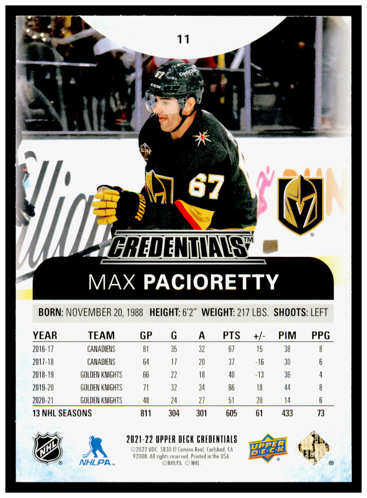 2021-22 Upper Deck Credentials Max Pacioretty Card Vegas Golden Knights #11
