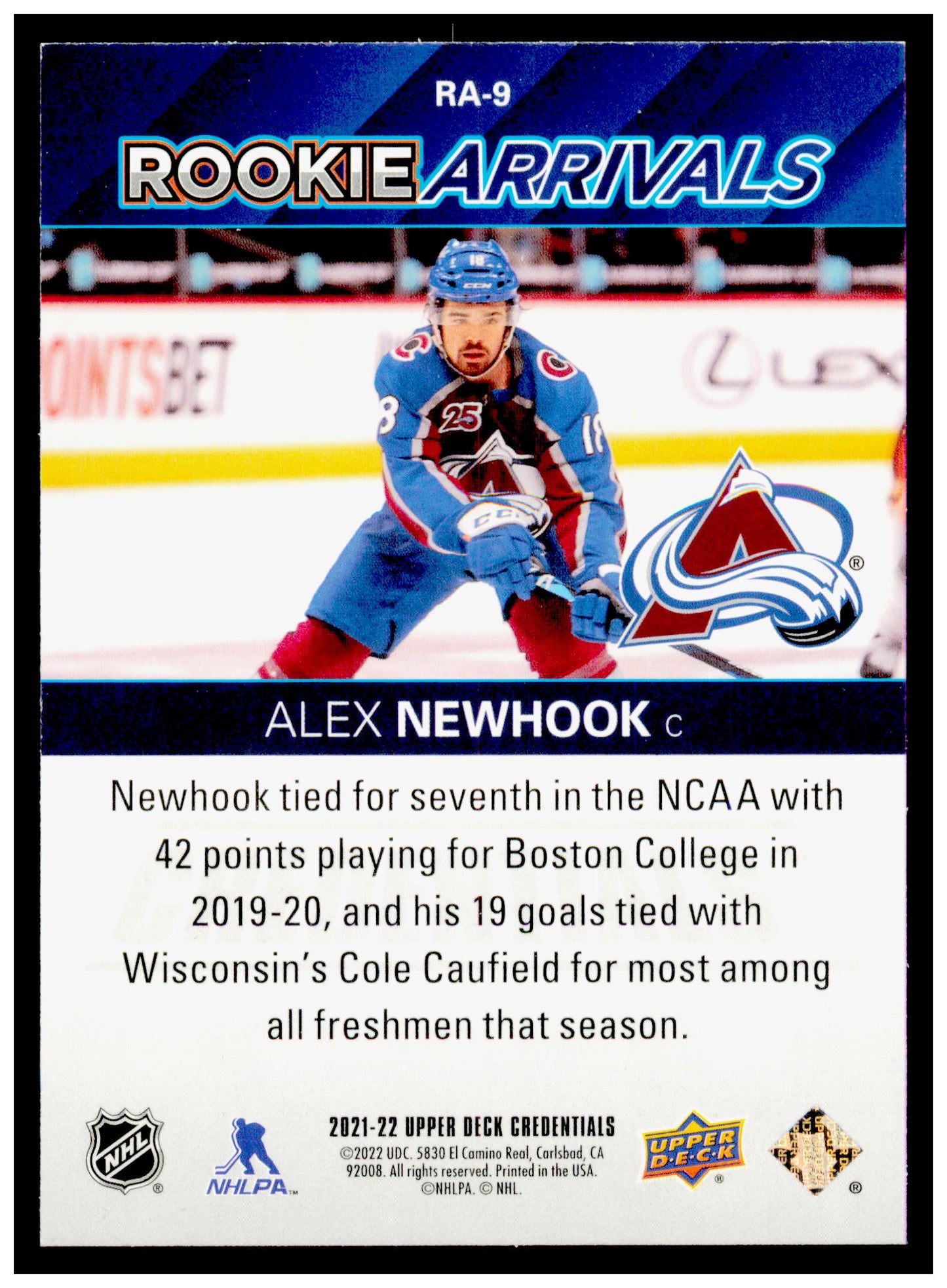 2021-22 Upper Deck Credentials Alex Newhook Card Rookie Arrivals #RA-9