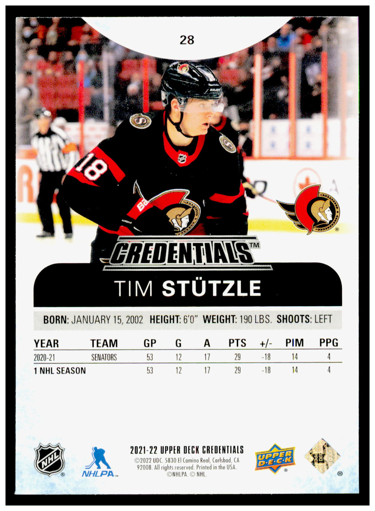 2021-22 Upper Deck Credentials Tim Stutzle Card Ottawa Senators #28