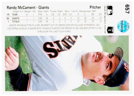 1990 Upper Deck Randy McCament Card RC San Francisco Giants #657
