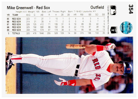 1990 Upper Deck Mike Greenwell Card Boston Red Sox #354