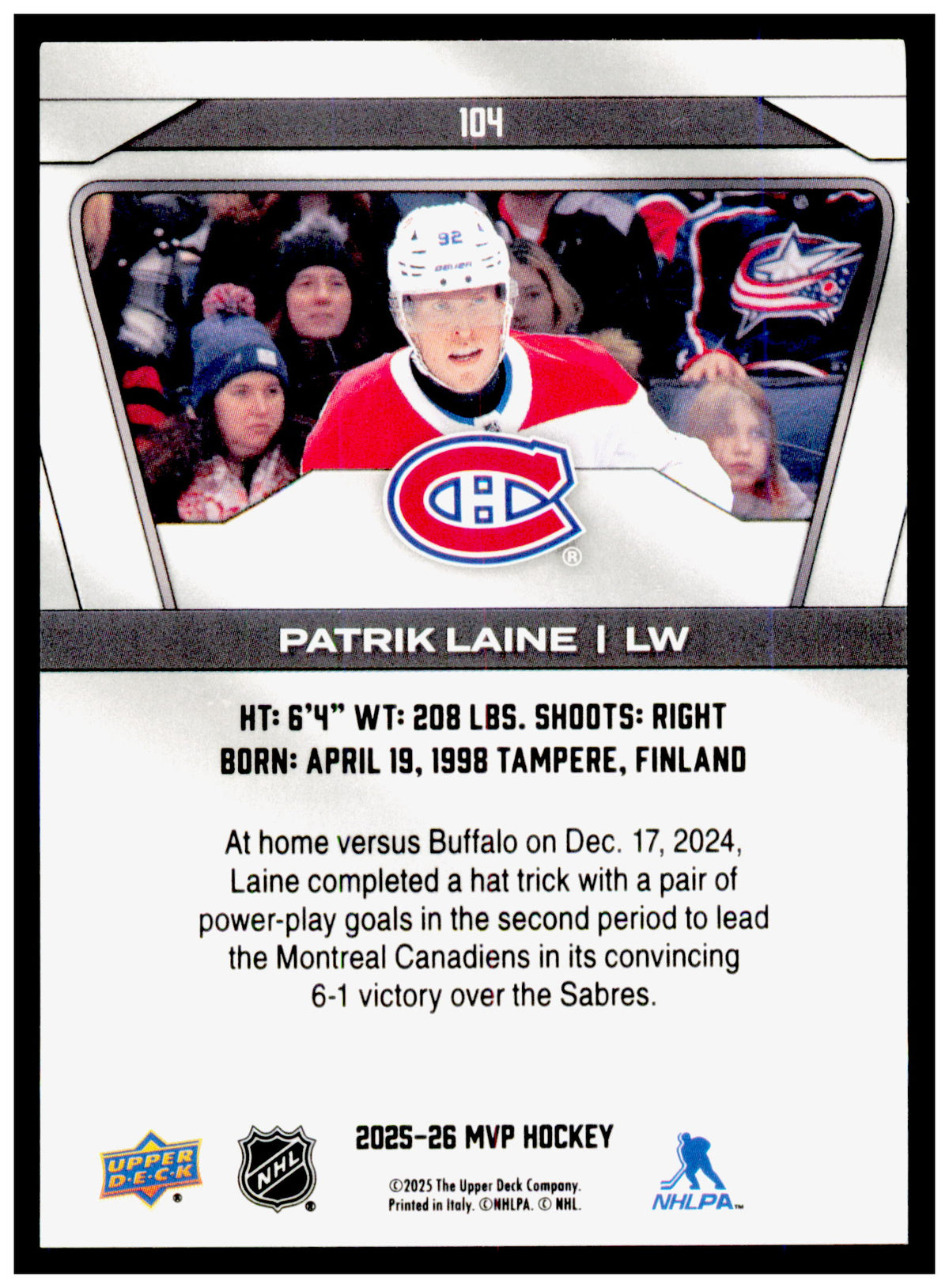 2025-26 Upper Deck MVP Patrik Laine Card Montreal Canadiens #104