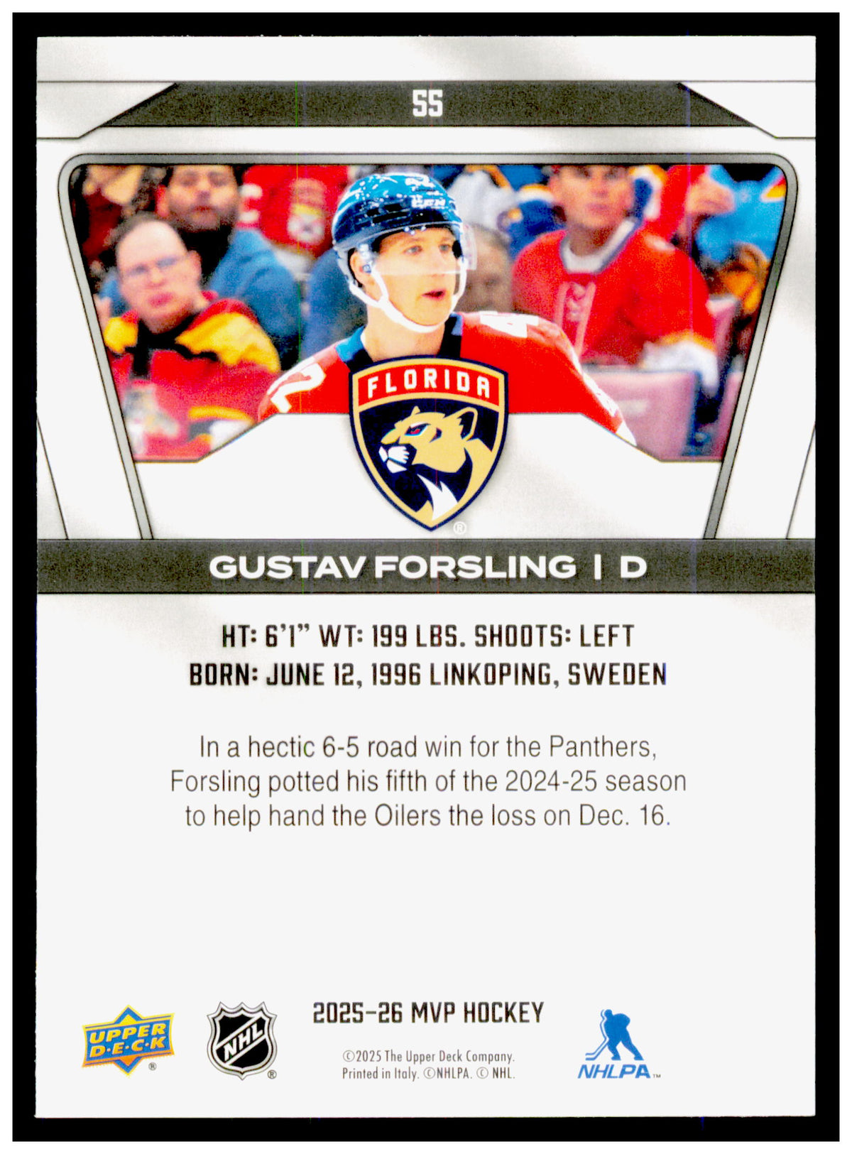 2025-26 Upper Deck MVP Gustav Forsling Card Florida Panthers #55