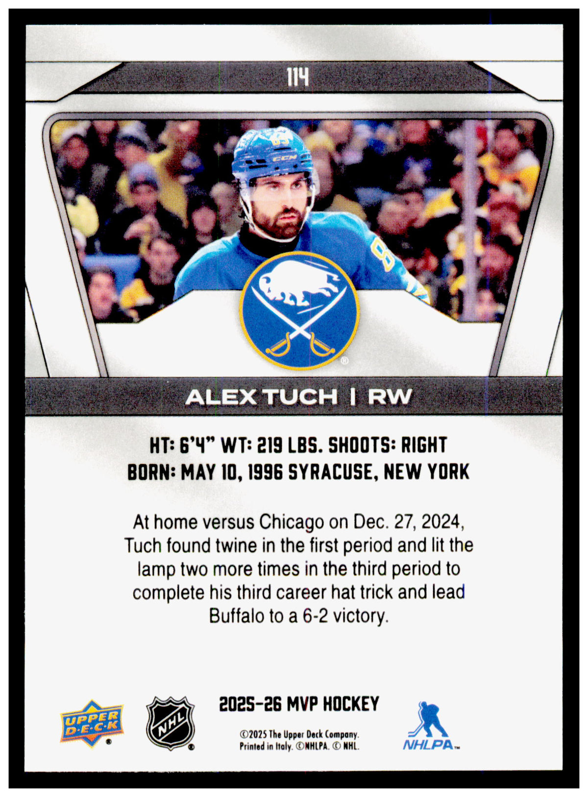 2025-26 Upper Deck MVP Alex Tuch Card Buffalo Sabres #114