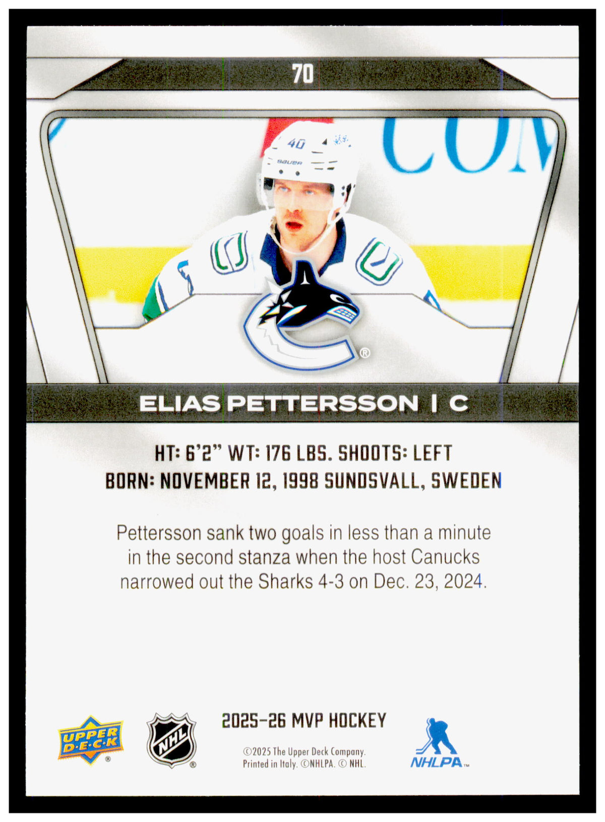 2025-26 Upper Deck MVP Elias Pettersson Card Vancouver Canucks #70