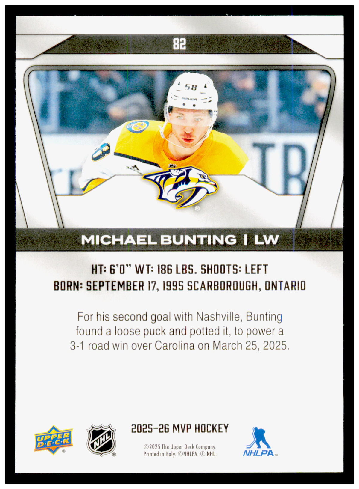 2025-26 Upper Deck MVP Michael Bunting Card Nashville Predators #82
