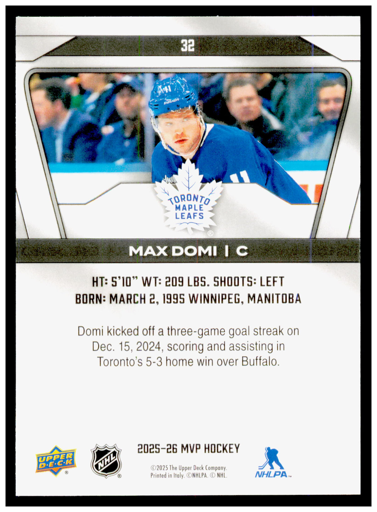 2025-26 Upper Deck MVP Max Domi Card Toronto Maple Leafs #32