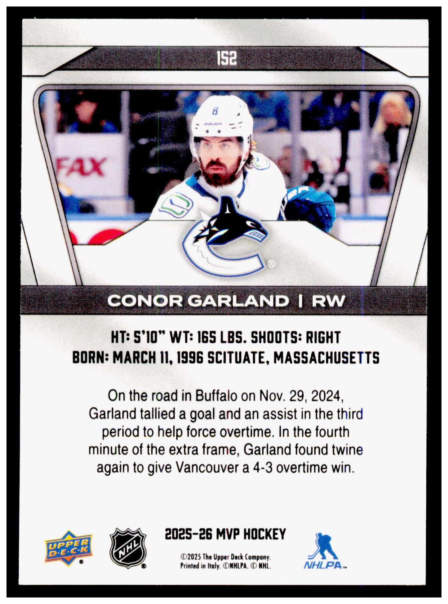 2025-26 Upper Deck MVP Conor Garland Card Vancouver Canucks #152
