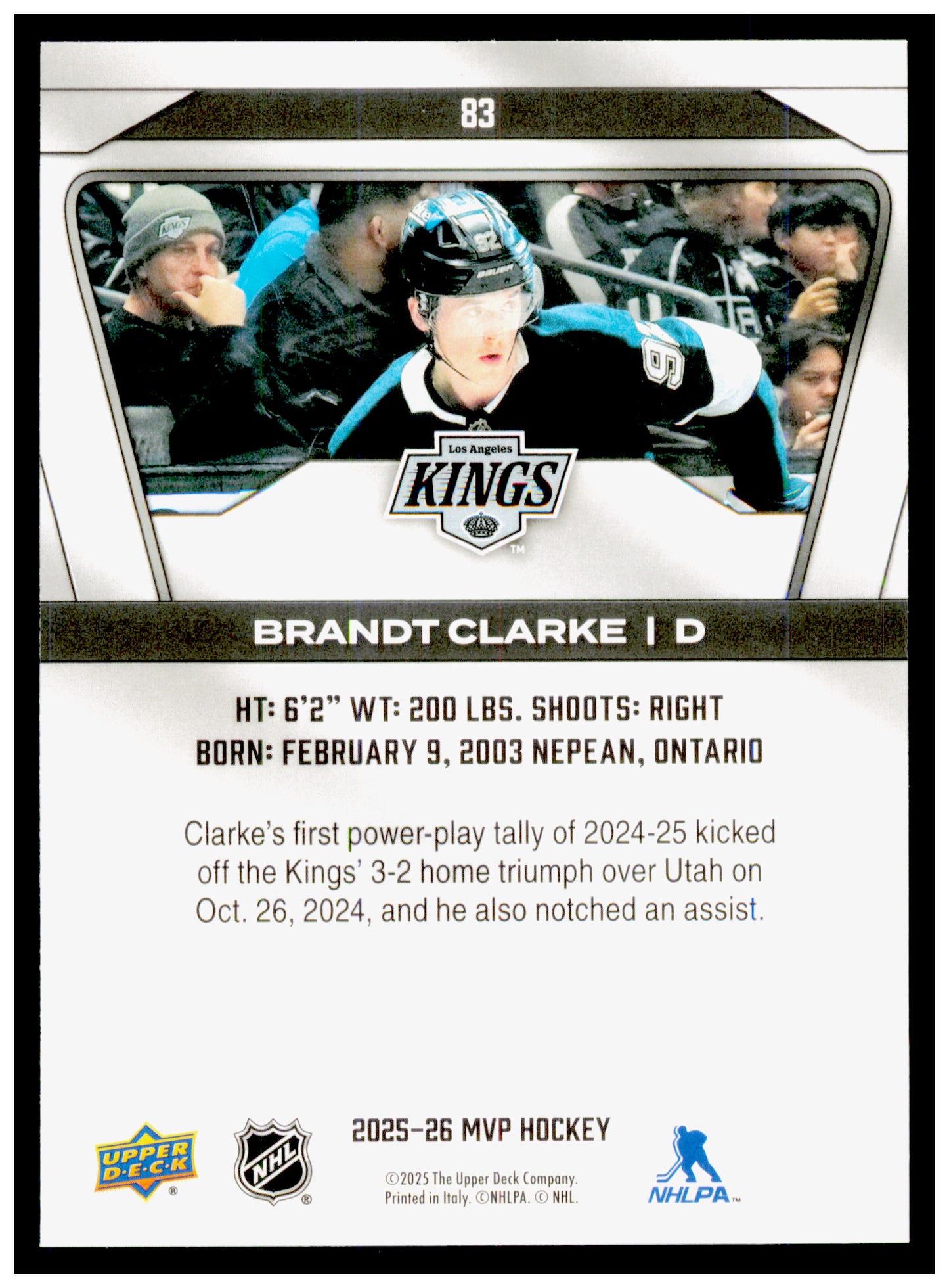 2025-26 Upper Deck MVP Brandt Clarke Card Los Angeles Kings #83