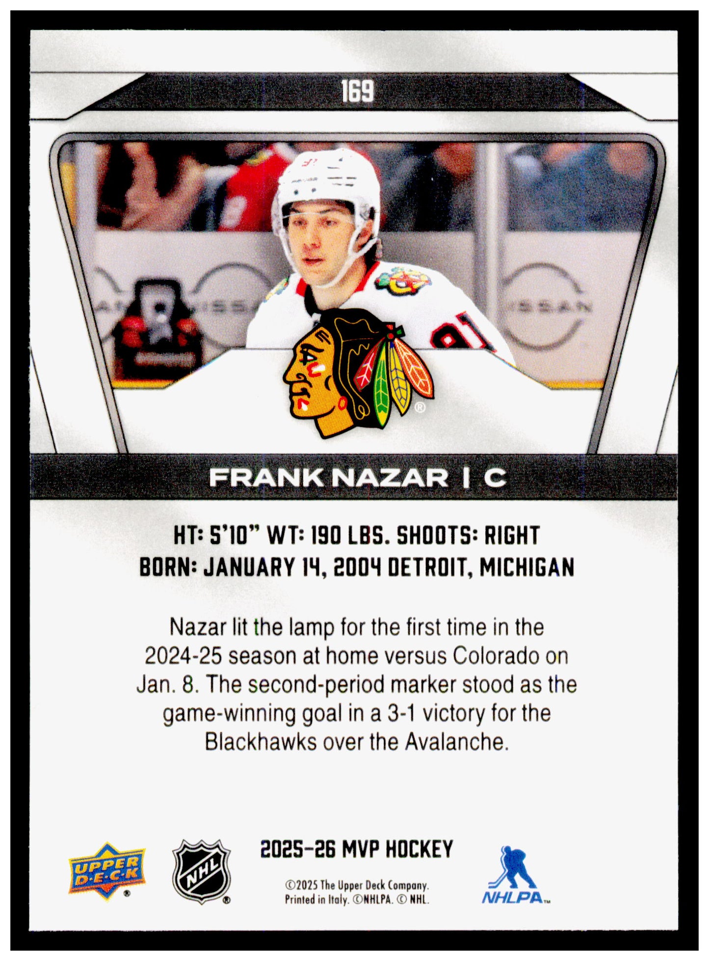 2025-26 Upper Deck MVP Frank Nazar Card Chicago Blackhawks #169