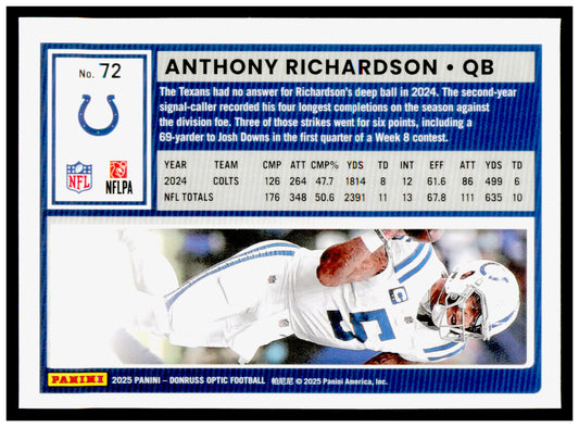 2025 Donruss Optic Anthony Richardson Card Indianapolis Colts #72