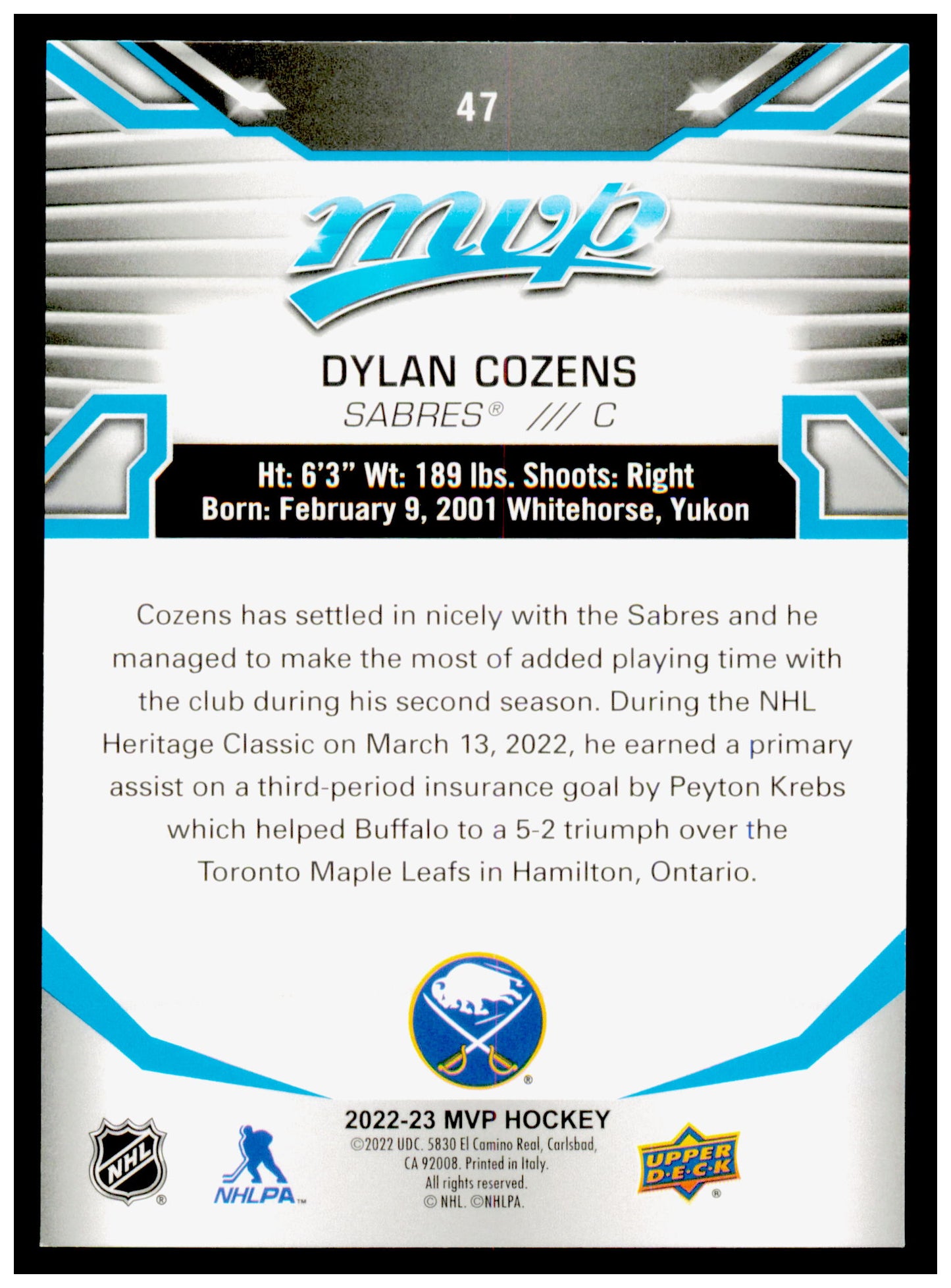 2022-23 Upper Deck MVP Dylan Cozens Card Buffalo Sabres #47