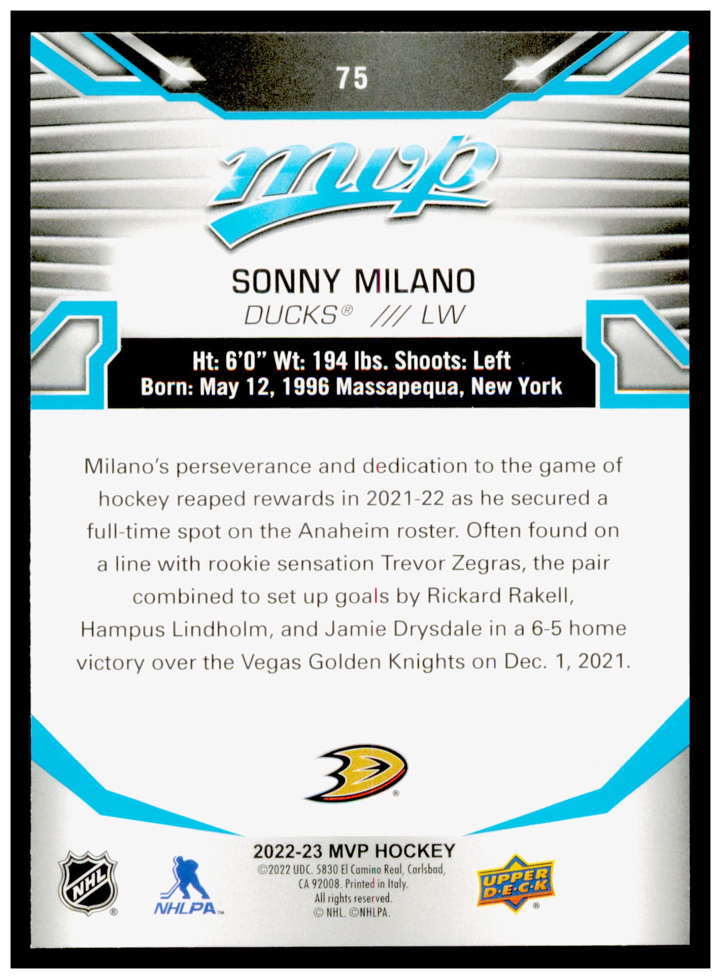 2022-23 Upper Deck MVP Sonny Milano Card Anaheim Ducks #75