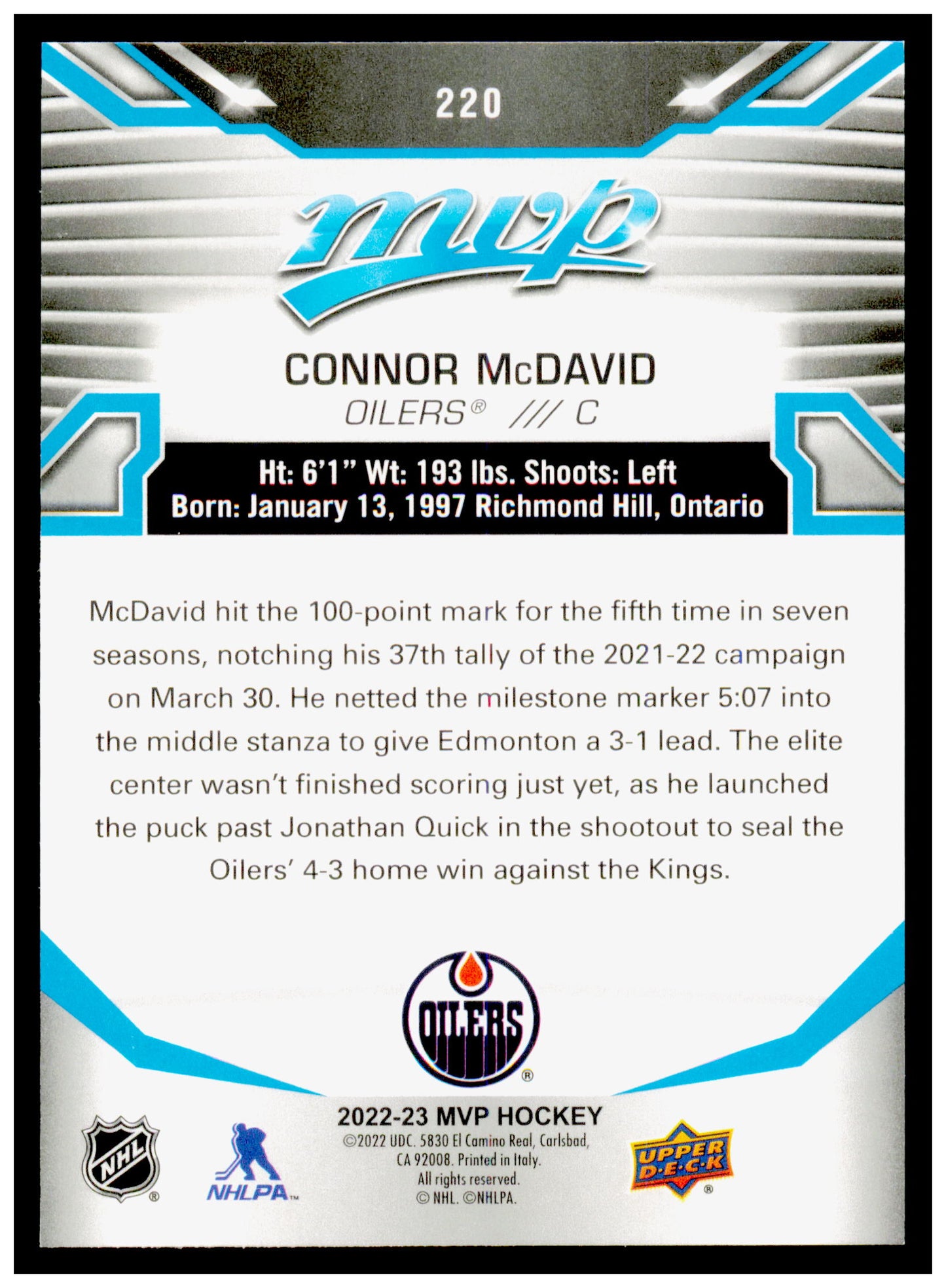 2022-23 Upper Deck MVP Connor McDavid Card Edmonton Oilers #220