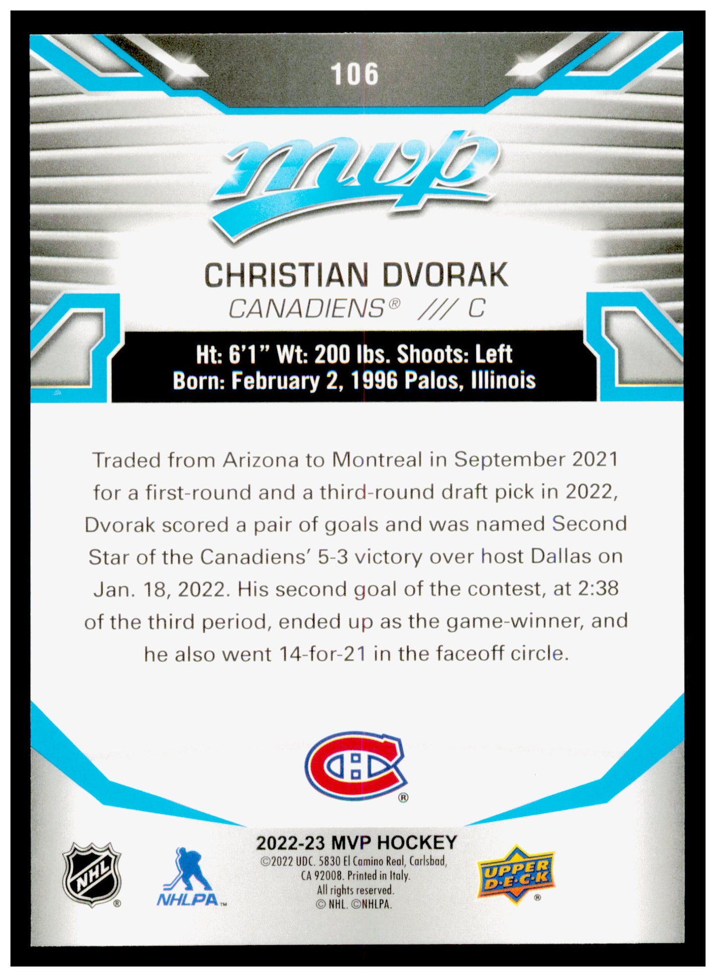 2022-23 Upper Deck MVP Christian Dvorak Card Montreal Canadiens #106