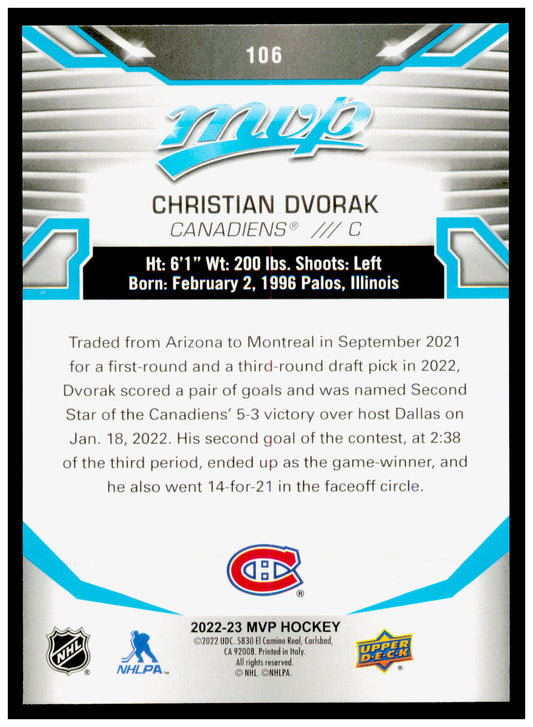 2022-23 Upper Deck MVP Christian Dvorak Card Montreal Canadiens #106