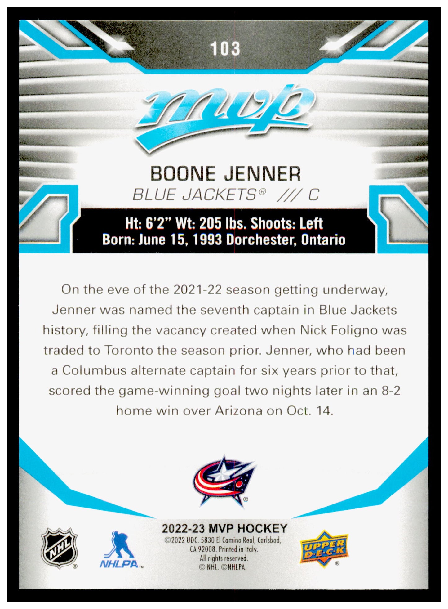 2022-23 Upper Deck MVP Boone Jenner Card Columbus Blue Jackets #103