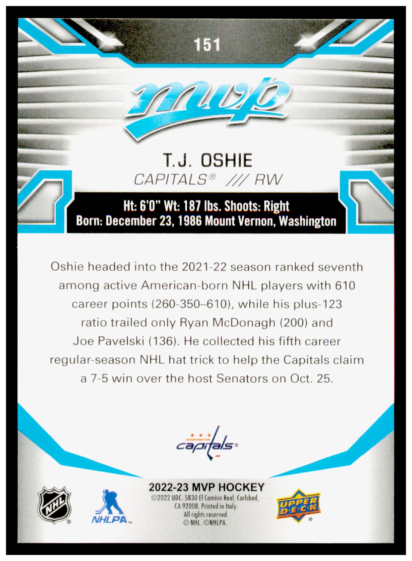 2022-23 Upper Deck MVP T.J. Oshie Card Washington Capitals #151