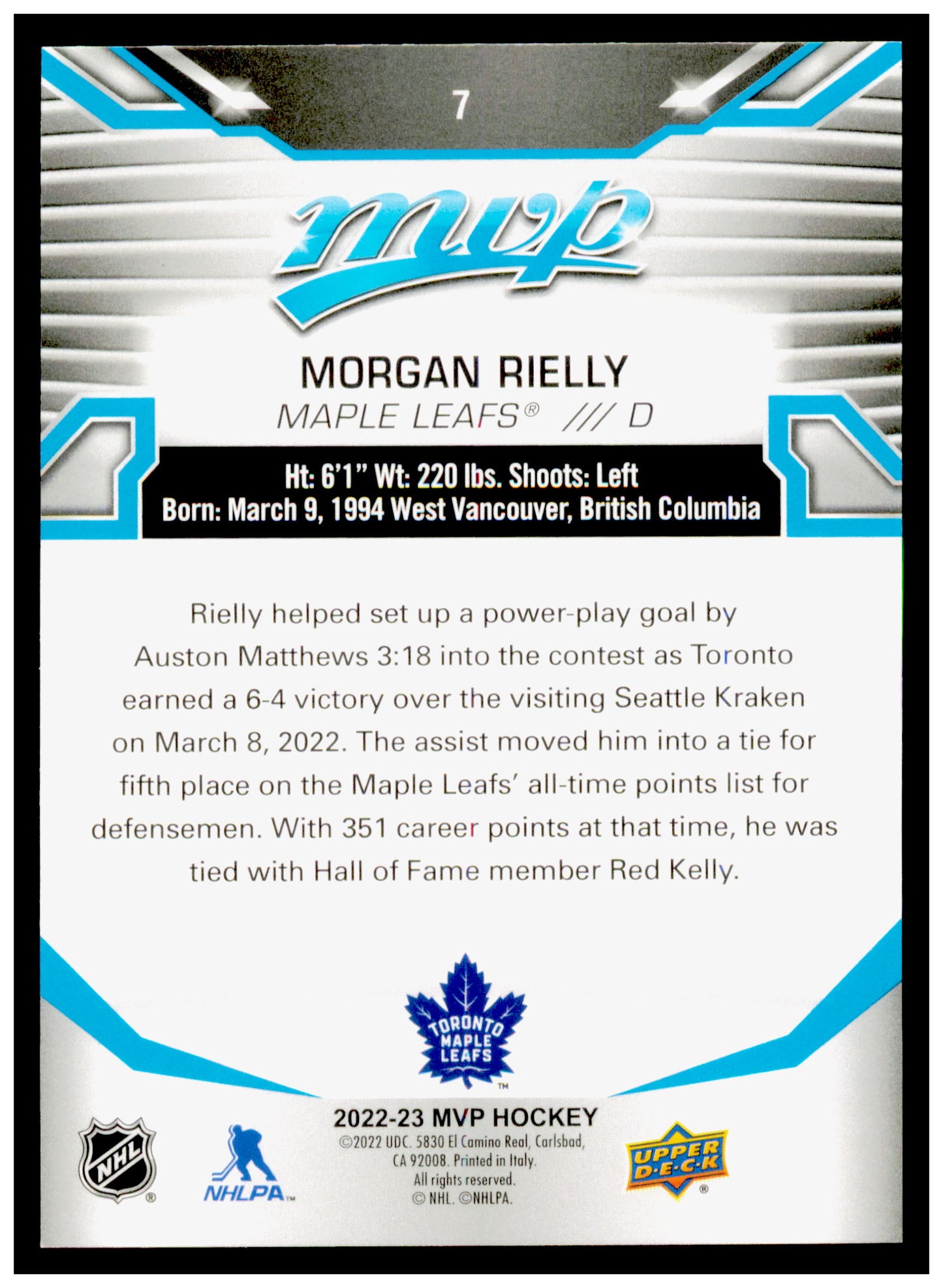 2022-23 Upper Deck MVP Morgan Rielly Card Toronto Maple Leafs #7