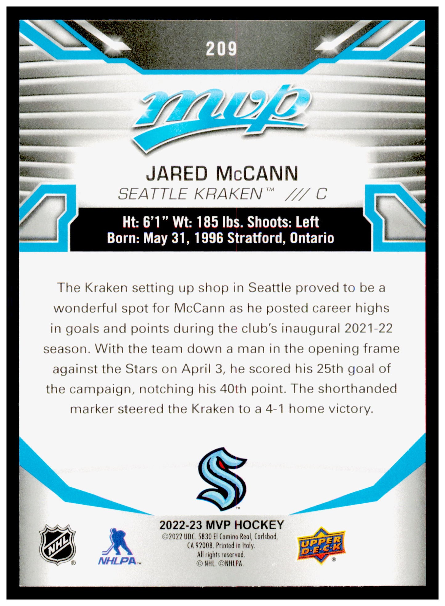 2022-23 Upper Deck MVP Jared McCann Card Seattle Kraken #209