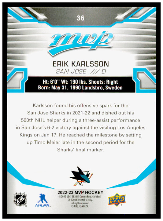 2022-23 Upper Deck MVP Erik Karlsson Card San Jose Sharks #36