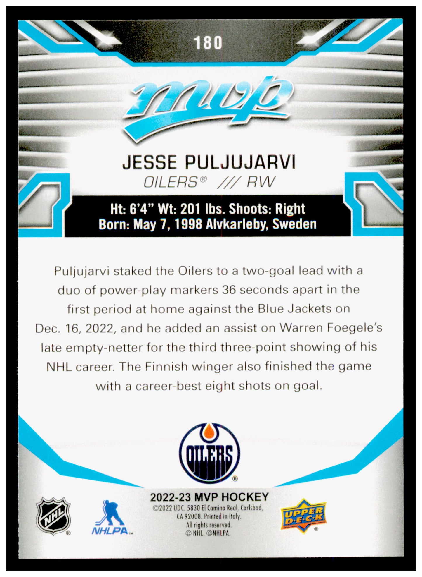 2022-23 Upper Deck MVP Jesse Puljujarvi Card Edmonton Oilers #180