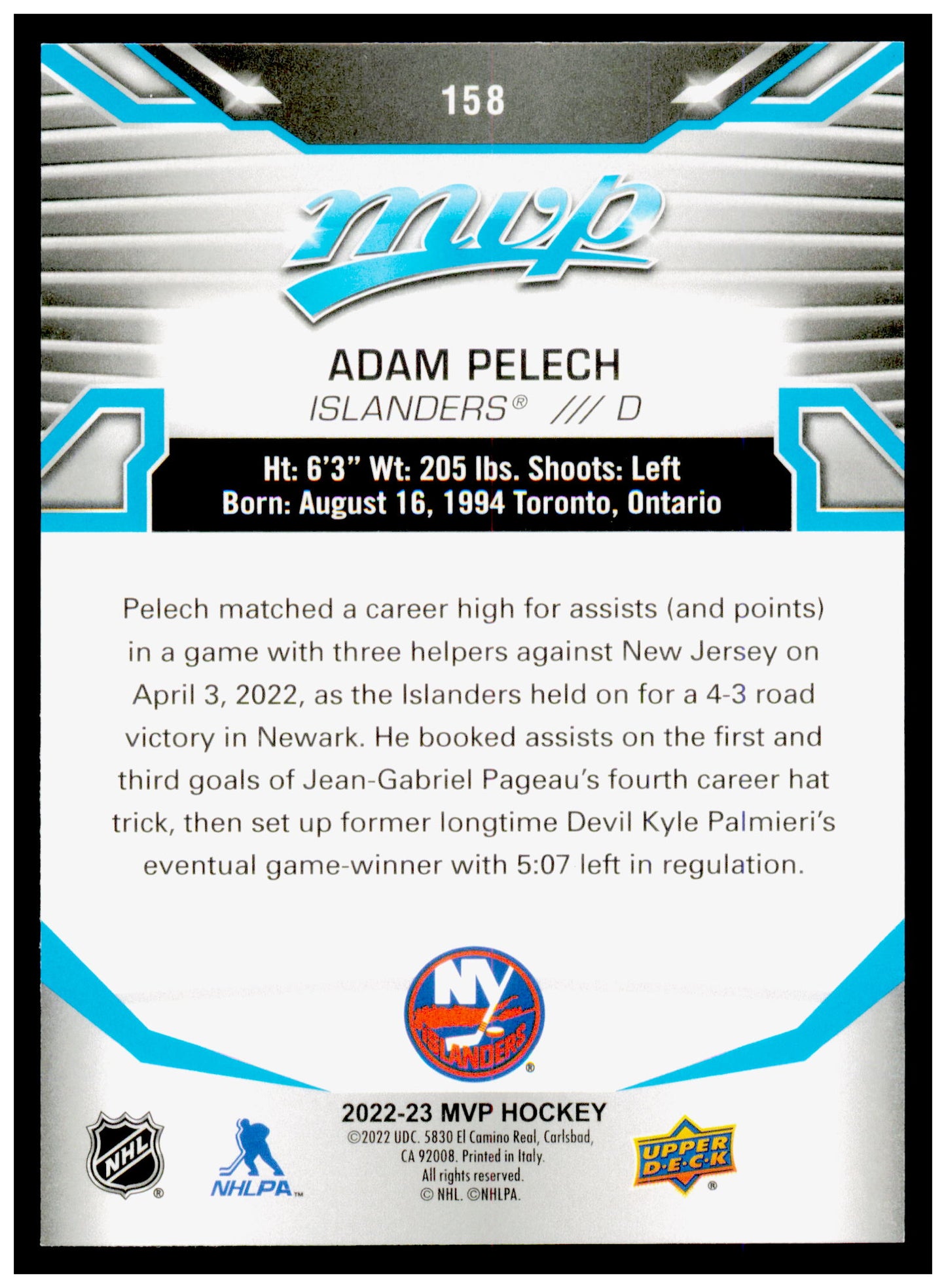 2022-23 Upper Deck MVP Adam Pelech Card New York Islanders #158