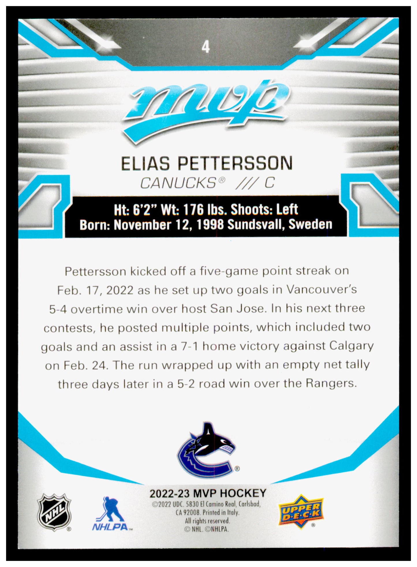 2022-23 Upper Deck MVP Elias Pettersson Card Vancouver Canucks #4