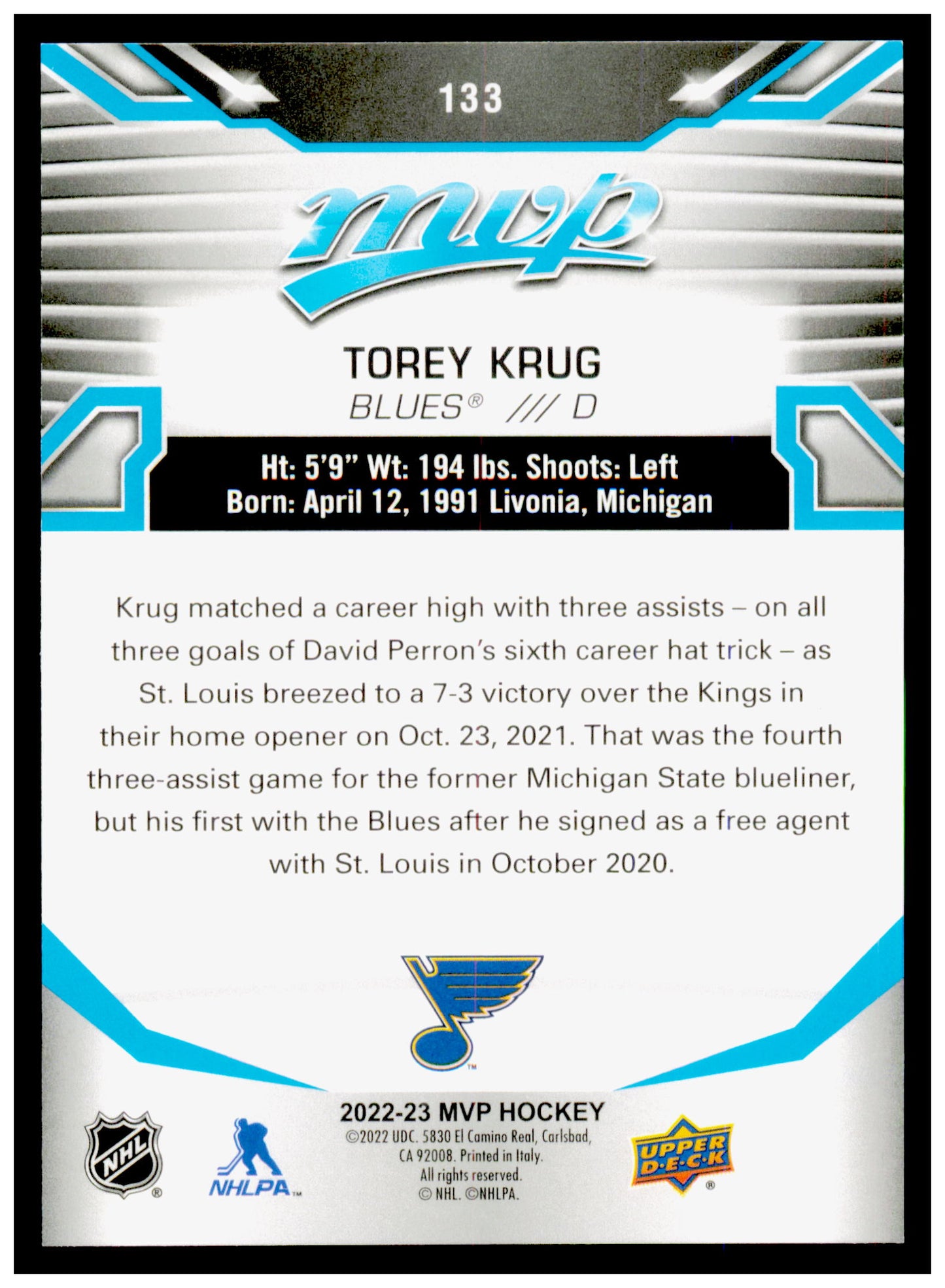 2022-23 Upper Deck MVP Torey Krug Card St. Louis Blues #133