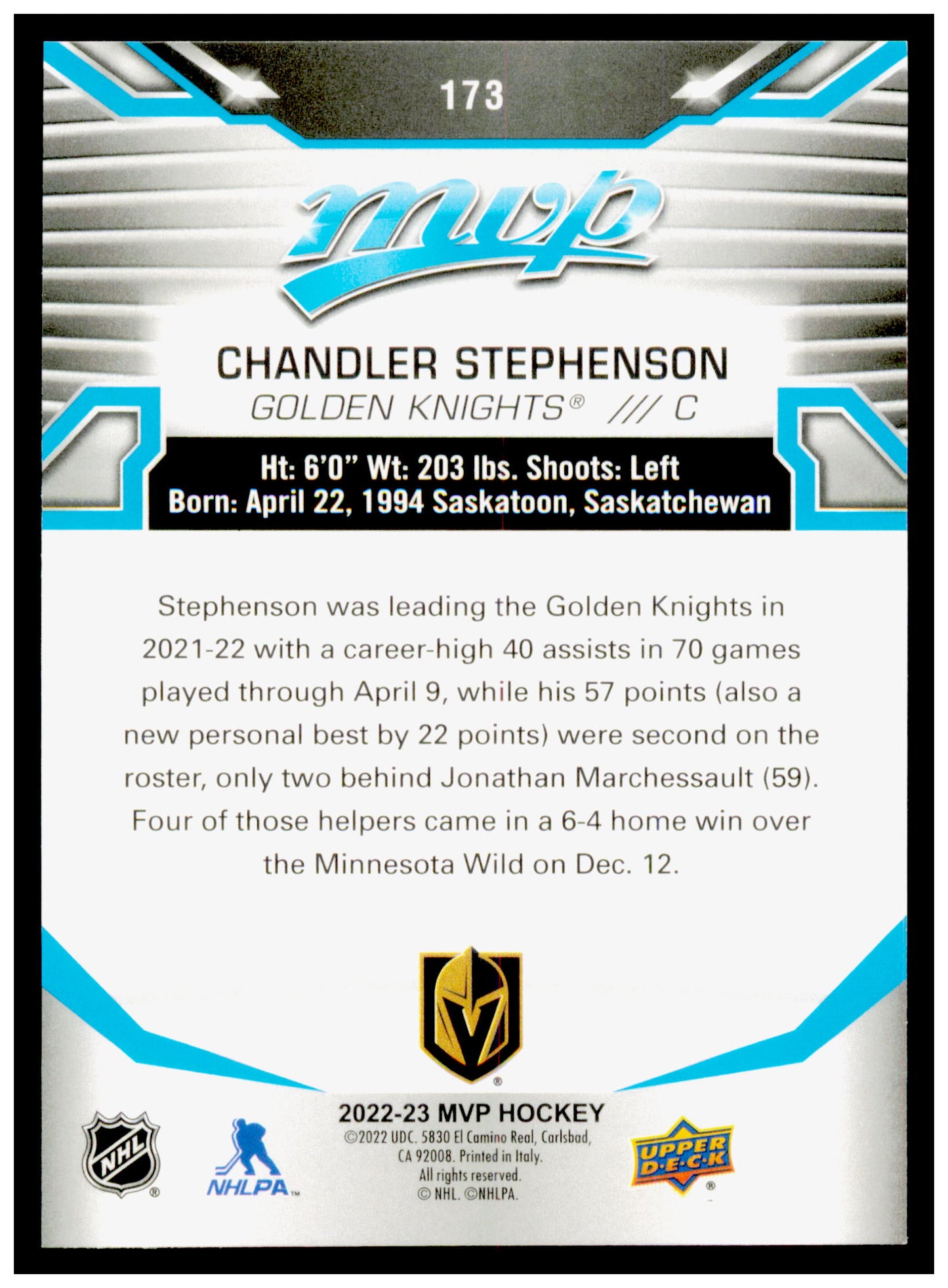 2022-23 Upper Deck MVP Chandler Stephenson Card Vegas Golden Knights #173