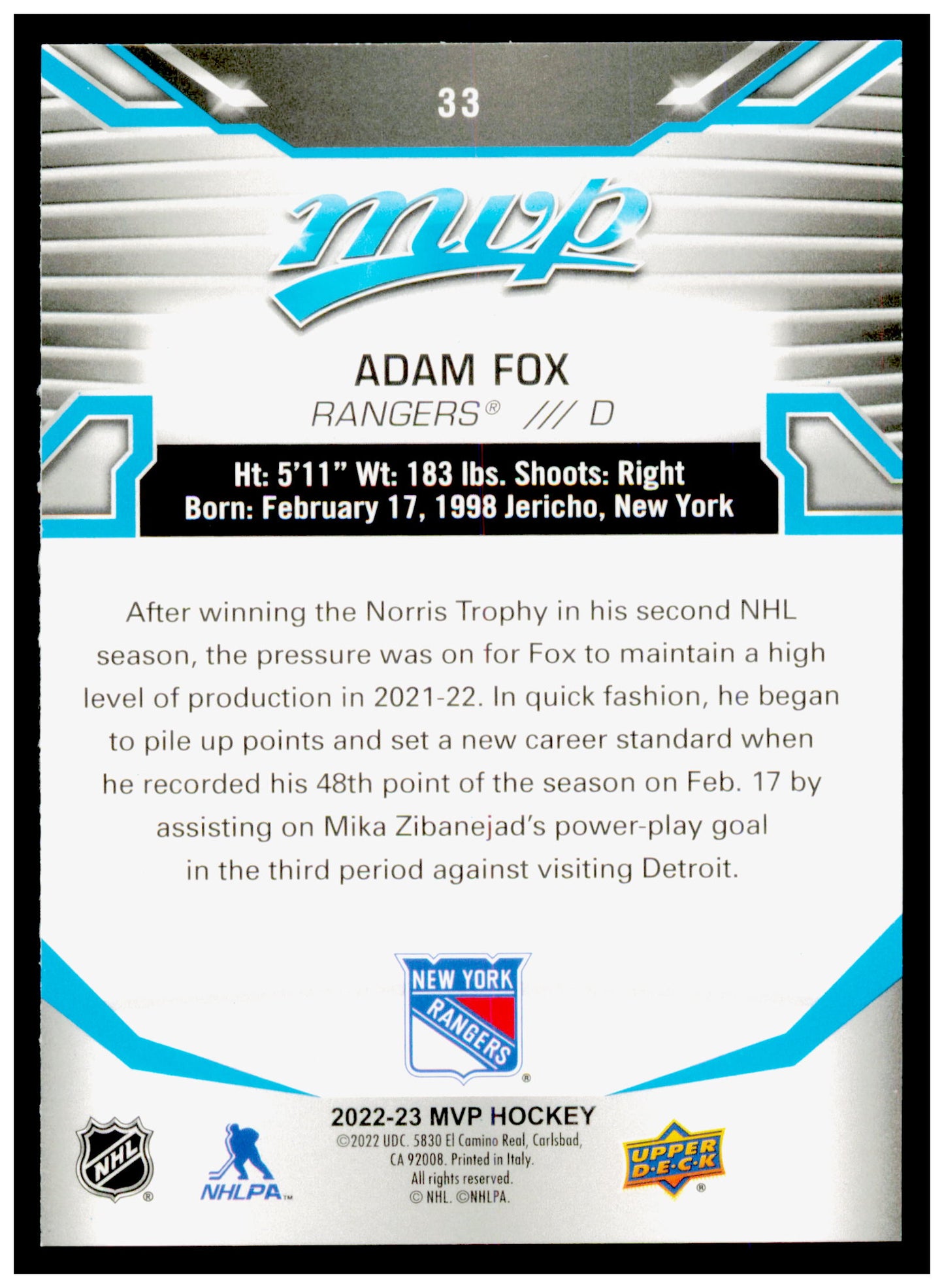 2022-23 Upper Deck MVP Adam Fox Card New York Rangers #33
