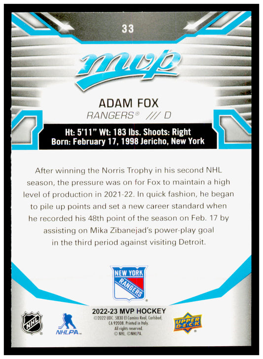 2022-23 Upper Deck MVP Adam Fox Card New York Rangers #33