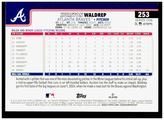 2025 Topps Hurston Waldrep Card RC Atlanta Braves #253